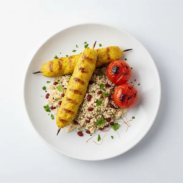 Saffron Chicken Jujeh with Tangy Barberry Quinoa & Grilled Tomatoes